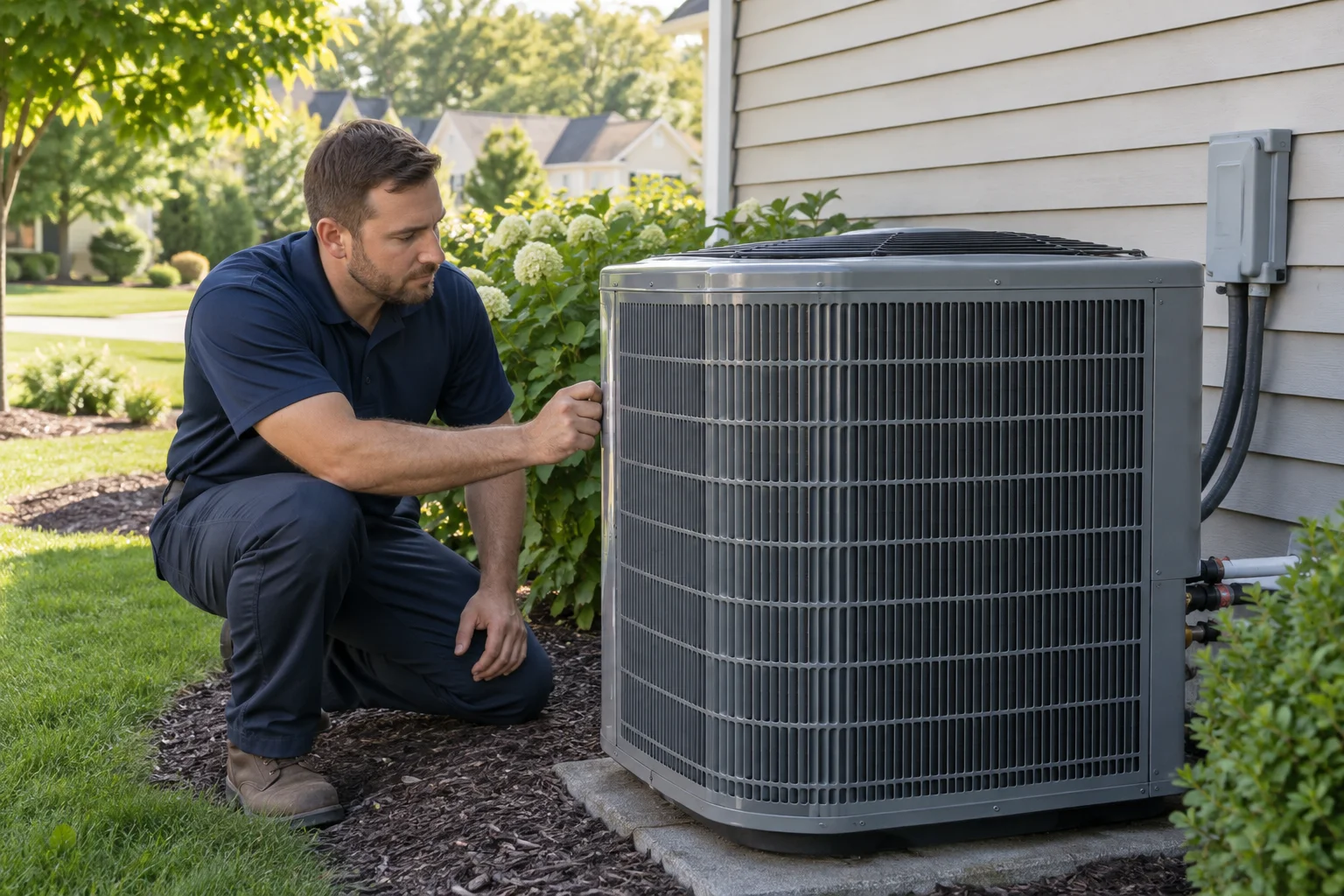 Illustrative HVAC technician working beside a residential outdoor unit
